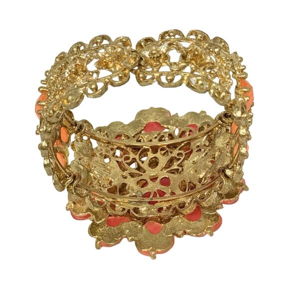 Pink And Orange Rhinestone Heart Flower Clamp Statement Bracelet 6.7" VTG - Picture 10 of 12